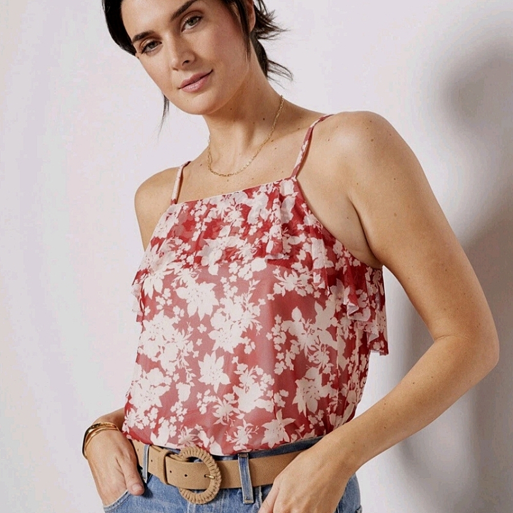 SALE NWT Evereve Hudson Floral Print Camisole Tank Top Ruffle Trim Rust Red L